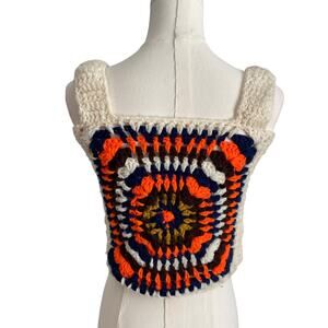 Vintage Boho Crochet Crop Top Tank Womens S Handmade Granny Square Cottagecore